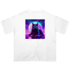 黒猫ファブリックのBlack Cat in The VaporWave World.(蒸気波世界のクロネコ) オーバーサイズTシャツ