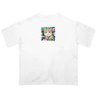 キュート＆クールのアニメ調・花畑の猫 オーバーサイズTシャツ