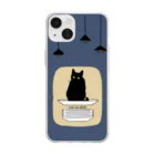 小鳥と映画館の皿に乗った黒猫 ネイビー Soft Clear Smartphone Case