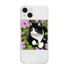 capcat1919のハチワレ白黒猫とオキザリス Soft Clear Smartphone Case