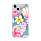 tropical artのプルメリアフラワー＆シェル　plumeria flower & shell Soft Clear Smartphone Case