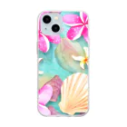 tropical artのプルメリアフラワー＆シェル　plumeria flower & shell Soft Clear Smartphone Case