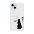 幸運のしっぽの黒猫と花 Soft Clear Smartphone Case