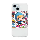 m222web-shopのスノーボードとキャラクターたちのイラストグッズ Soft Clear Smartphone Case