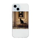 pinoko4143の絵画をバックにたたずむ黒猫 Soft Clear Smartphone Case