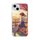 ノートニーの女の子と動物、眺める夕日 Soft Clear Smartphone Case