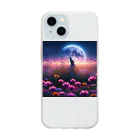 space catの花畑と猫と満月と Soft Clear Smartphone Case