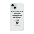 偉人名言・格言・ことわざ おしゃれグッズ製作所のエジソン名言02 英語『天才とは、1％のひらめきと99％の努力である。』（タイポBLACK） Soft Clear Smartphone Case