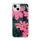 Q_kyuのPINK FLOWERS with Dark Background Soft Clear Smartphone Case