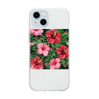 オンラインショップイエローリーフの赤色の花ハイビスカス Soft Clear Smartphone Case