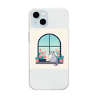 暇人ショップへようこそ！の窓の外を眺めるシンプルで可愛い猫 Soft Clear Smartphone Case