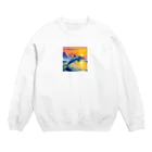 フリーダムの夕暮れの海で跳ねるイルカ　ピクセルアート Crew Neck Sweatshirt