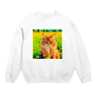 猫好きの谷の猫の水彩画/花畑のサイベリアンねこのイラスト/キジトラネコ Crew Neck Sweatshirt