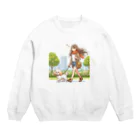 南国のかわいい犬と散歩をする女性 Crew Neck Sweatshirt