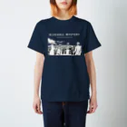 Bluehall Mystery Online Shopの黒地Tシャツ 夜明けのまちと奇跡のブルー（前面：英字 / 背面：カタカナ） スタンダードTシャツ