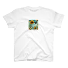 Sunbathingのヒマワリと羽ばたくカワセミ スタンダードTシャツ