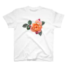 コマタヒチの【ロマン】蕾と葉のついたオレンジピンクの薔薇 スタンダードTシャツ