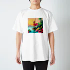 動物マニアのドット絵ショップのドット絵の幻想的なフラミンゴ🦩🌇 Regular Fit T-Shirt