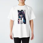 ケモ耳美少女キツネちゃん（AIart）の紺色の髪のキツネの女の子 スタンダードTシャツ