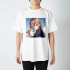 ひまわりの部屋の愛犬を抱きしめる少女 Regular Fit T-Shirt