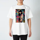 80s pop anime artの黒い背景にカラフルなドレスを着た女性の絵 Regular Fit T-Shirt