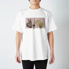 ゆるかめ[うさハム関係グッズ販売]の[三毛玉]むーふーみー背景ピンク Regular Fit T-Shirt