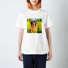 犬好きのしましまの水彩画の犬 花畑のセントバーナードのイラスト スタンダードTシャツ