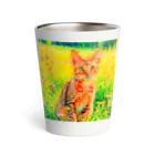 猫好きの谷の猫の水彩画/花畑のオシキャットねこのイラスト/キジトラネコ Thermo Tumbler
