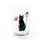 幸運のしっぽの黒猫と花 Water Glass :front