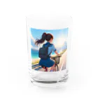 ふりむいての海岸沿いの風、自転車を漕ぐ女の子 Water Glass :front