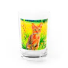 猫好きの谷の猫の水彩画/花畑のオシキャットねこのイラスト/キジトラネコ グラス前面