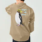 LalaHangeulの風に吹かれるイワトビペンギンさん(ハングルバージョン)　バックプリント ワークシャツ