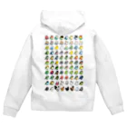 Cody the Lovebirdの両面 Chubby Bird キエリボウシインコ (表面） 鳥さん大集合 （背面） Zip Hoodie