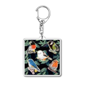 落ち葉のコラージュとかわいい野鳥たち Acrylic Key Chain