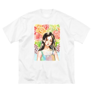 黒髪少女と花 Big T-shirts