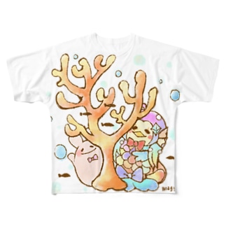 ほんわかアマビエさんと珊瑚礁とぷにょん☆ All-Over Print T-Shirt