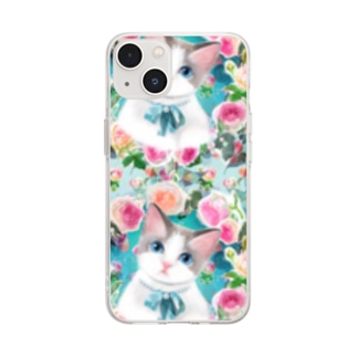 かわいいラグドールの子猫とピエールドロンサールのバラのフラワーリースイラスト Soft Clear Smartphone Case