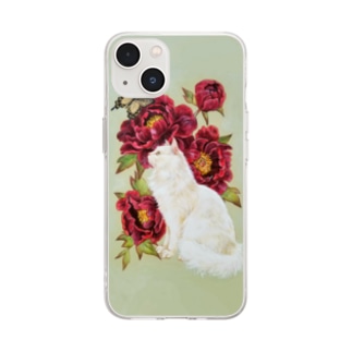 黒い牡丹と白猫 Soft Clear Smartphone Case