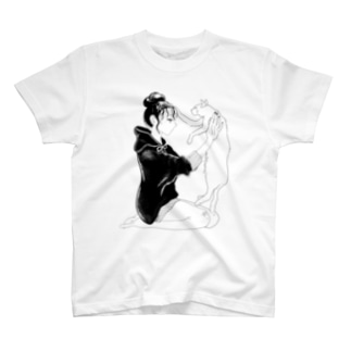 猫と女の子(線画) T-Shirt