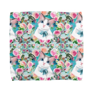 かわいいラグドールの子猫とピエールドロンサールのバラのフラワーリースイラスト Towel Handkerchief