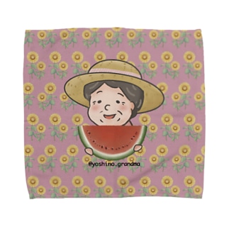 スイカを食べる祖母（ひまわり柄ピンク） Towel Handkerchief