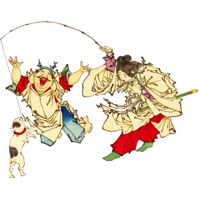 猫と遊ぶ神功皇后と恵比寿天