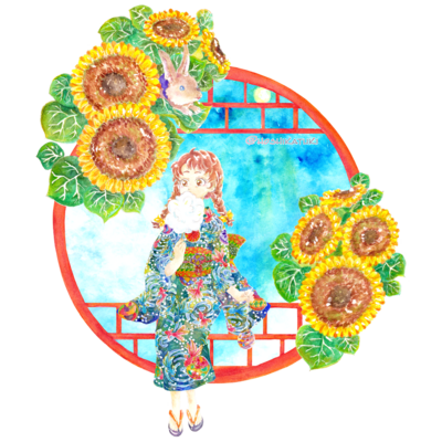 窓際の夏・向日葵縁青空女の子