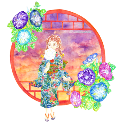 窓際の夏・朝顔縁夕焼け女の子