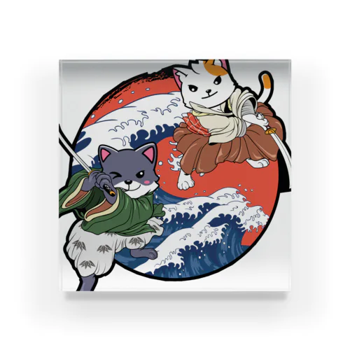 Cute Cat Ninja Shinobi Samurai with Swords アクリルブロック