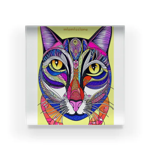 カラフルでエスニックテイストでポップな猫－Colorful, ethnic flavored, pop cat. Acrylic Block