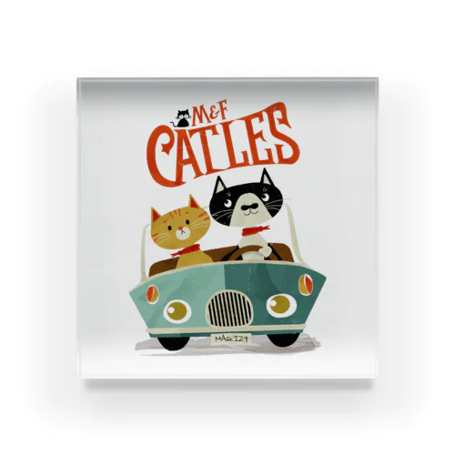 CATLES CAR DRIVE ハチワレ猫とキジトラ猫のドライブ アクリルブロック