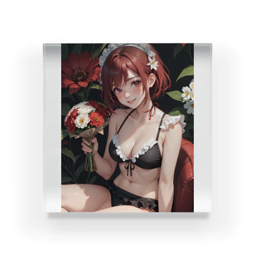 赤髪メイドのビキニ花束イラスト Acrylic Block