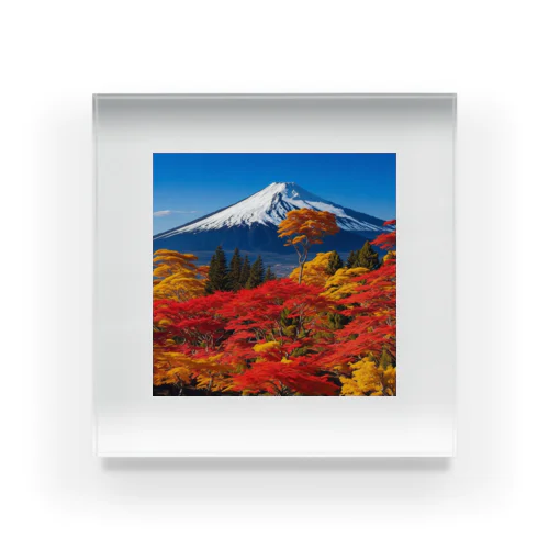 秋晴れの空/富士山/色鮮やかな紅葉 Acrylic Block