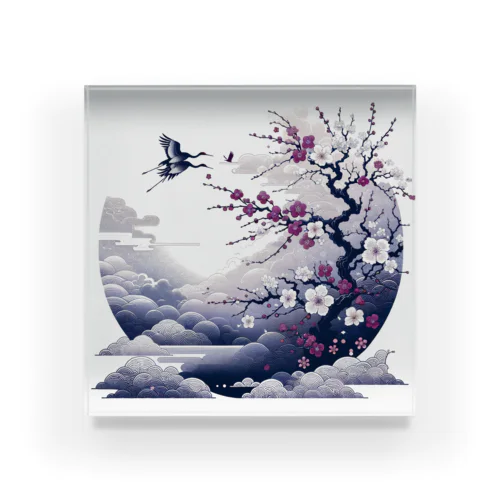 白背景の和風夜景 - 月と梅と鶴 アクリルブロック